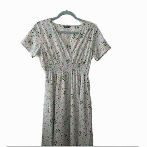 SHEIN Light Blue Ditsy Floral Smocked Waist V-Neck Midi Dress